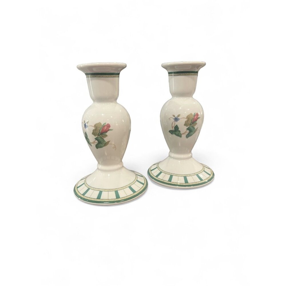 Lenox Summer Terrace Set of 2 Candle holders Green Floral 5” Tall